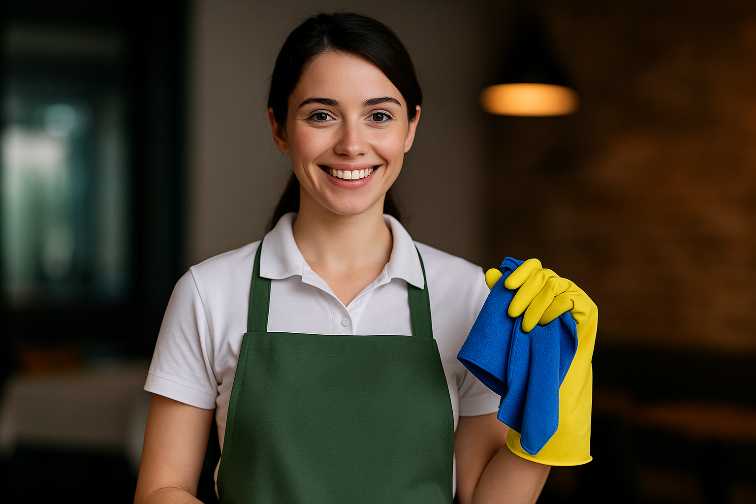 Vrolijke schoonmaakmedewerker tijdens het werk